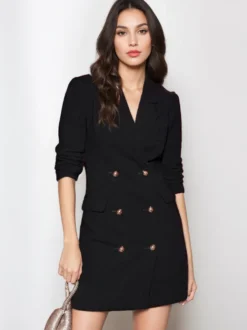 Robes Blazer Col Rabattu Boutons Manches Longues Femmes Mini Robes