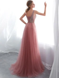 Robes de bal en tulle cameo rose col V pailletes jupe fendue laçage sur dos longueur au sol