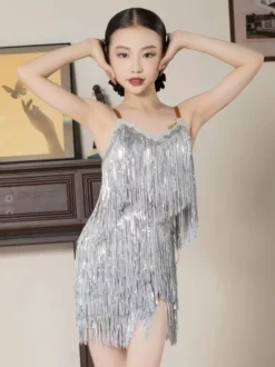 Robes de danse latine argentées à franges en polyester pour filles et femmes