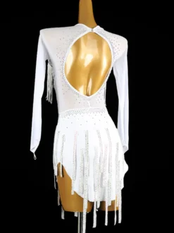 Robes de danse latine blanc femmes Lycra Spandex robe dos nu élégant paillettes frange danseuse latine vêtements de danse