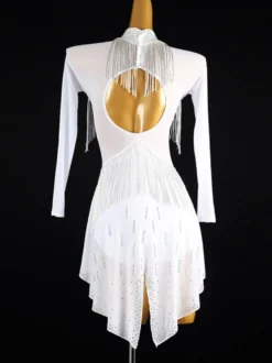 Robes de danse latine blanc femmes frange strass dos nu élégant Lycra Spandex robe vêtements de danse