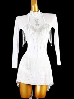 Robes de danse latine blanc femmes frange strass dos nu élégant Lycra Spandex robe vêtements de danse