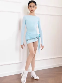 Robes de danse latine bleu ciel clair pour femmes filles et adultes ensemble gainant à manches longues et dentelle. Costumes de danse.