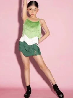 Robes de danse latine bleues à franges et pompons pour femmes costumes de danseuses latines