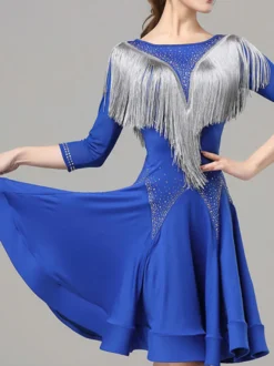Robes De Danse Latine Femmes Bleu Royal Robe De Danse Latine À Franges Manches Mi-Longues Élégantes