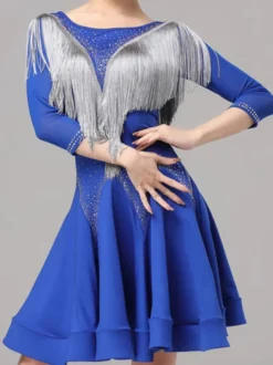 Robes De Danse Latine Femmes Bleu Royal Robe De Danse Latine À Franges Manches Mi-Longues Élégantes