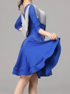 Robes De Danse Latine Femmes Bleu Royal Robe De Danse Latine À Franges Manches Mi-Longues Élégantes