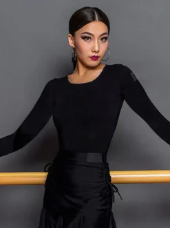 Robes de danse latine noires pour femmes haut élégant en Polyester Costume de danse