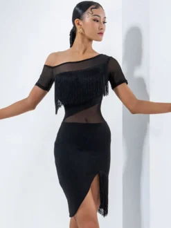 Robes de danse latine noires pour femmes ensemble superposé à franges robe élégante en Polyester vêtements de danse