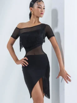 Robes de danse latine noires pour femmes ensemble superposé à franges robe élégante en Polyester vêtements de danse
