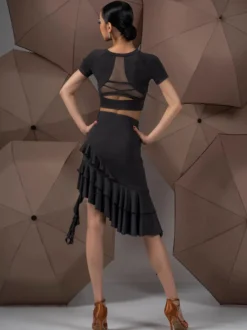 Robes de danse latine noires pour femmes ensemble asymétrique à volants costumes de danse sexy