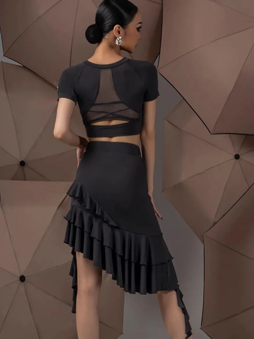Robes de danse latine noires pour femmes ensemble asymétrique à volants costumes de danse sexy