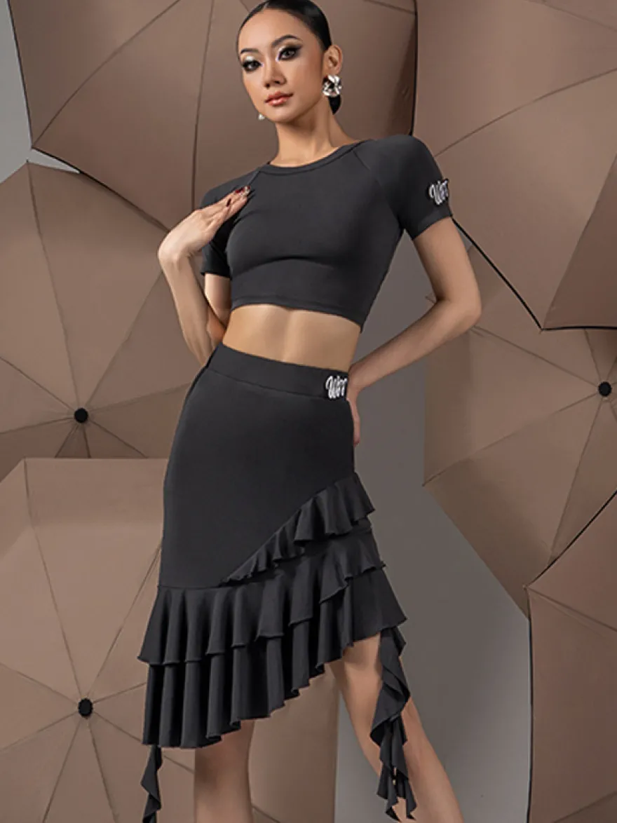 Robes de danse latine noires pour femmes ensemble asymétrique à volants costumes de danse sexy
