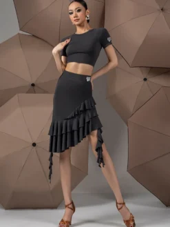Robes de danse latine noires pour femmes ensemble asymétrique à volants costumes de danse sexy
