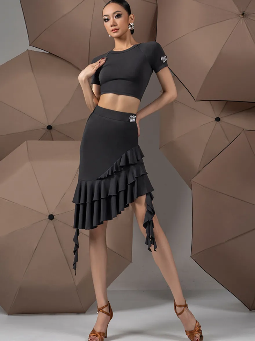 Robes de danse latine noires pour femmes ensemble asymétrique à volants costumes de danse sexy