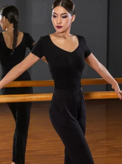 Robes de danse latine noir femmes volants dos nu élégant haut en polyester vêtements de danse