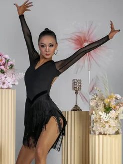 Robes de danse latine noir femmes robe en Polyester dos nu Sexy frange danseuse latine Costume de danse