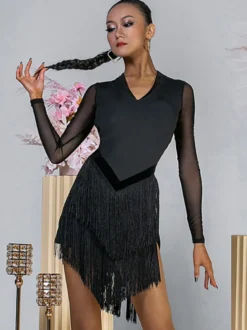 Robes de danse latine noir femmes robe en Polyester dos nu Sexy frange danseuse latine Costume de danse