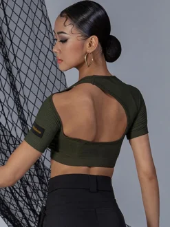 Robes de danse latine noir femmes haut en Polyester dos nu Sexy danseuse latine vêtements de danse