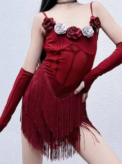 Robes de danse latine Robe en polyester bordeaux pour fille Vêtements de danse à fleurs