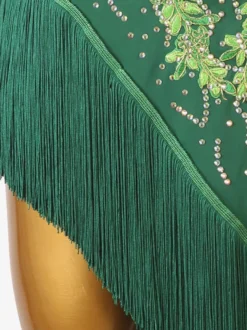 Robes De Danse Latine Vert Foncé Femmes Strass Frange Une Épaule Nu Sexy Lycra Spandex Robe Danse Costume