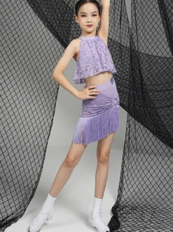 Robes de danse latine violet ensemble pour filles haut en Polyester jupe vêtements de danse