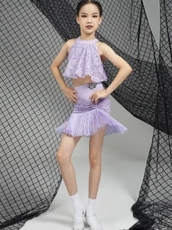 Robes de danse latine violet ensemble pour filles haut en Polyester jupe vêtements de danse
