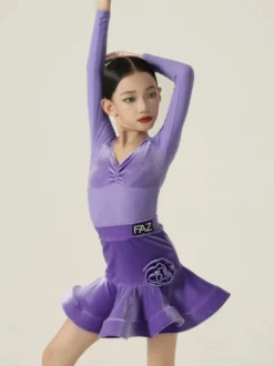 Robes de danse latine violettes à manches longues pour filles et femmes robe sculptante pour la danse latine