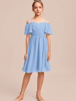 Robes de demoiselle d'honneur blanches Robes pour occasions spéciales Robes de demoiselle d'honneur en mousseline bleue à manches courtes et col bateau