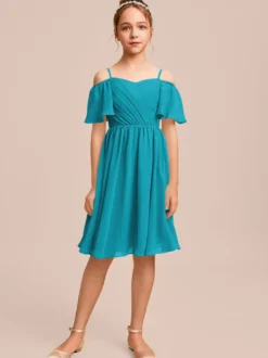 Robes de demoiselle d'honneur blanches Robes pour occasions spéciales Robes de demoiselle d'honneur en mousseline bleue à manches courtes et col bateau