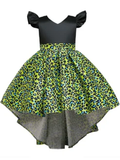 Robes de demoiselle d'honneur jaunes avec train col en V sans manches imprimé léopard robes de soirée pour enfants