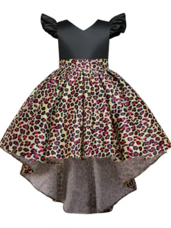 Robes de demoiselle d'honneur jaunes avec train col en V sans manches imprimé léopard robes de soirée pour enfants