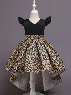 Robes de demoiselle d'honneur jaunes avec train col en V sans manches imprimé léopard robes de soirée pour enfants