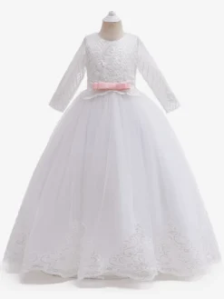 Robes de demoiselle d'honneur blanches en tulle blanc demi-manches col bijou robes de demoiselle d'honneur
