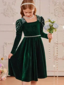 Robes de demoiselle d'honneur de mariage Robes pour occasions spéciales Émeraudes Manches longues Perles