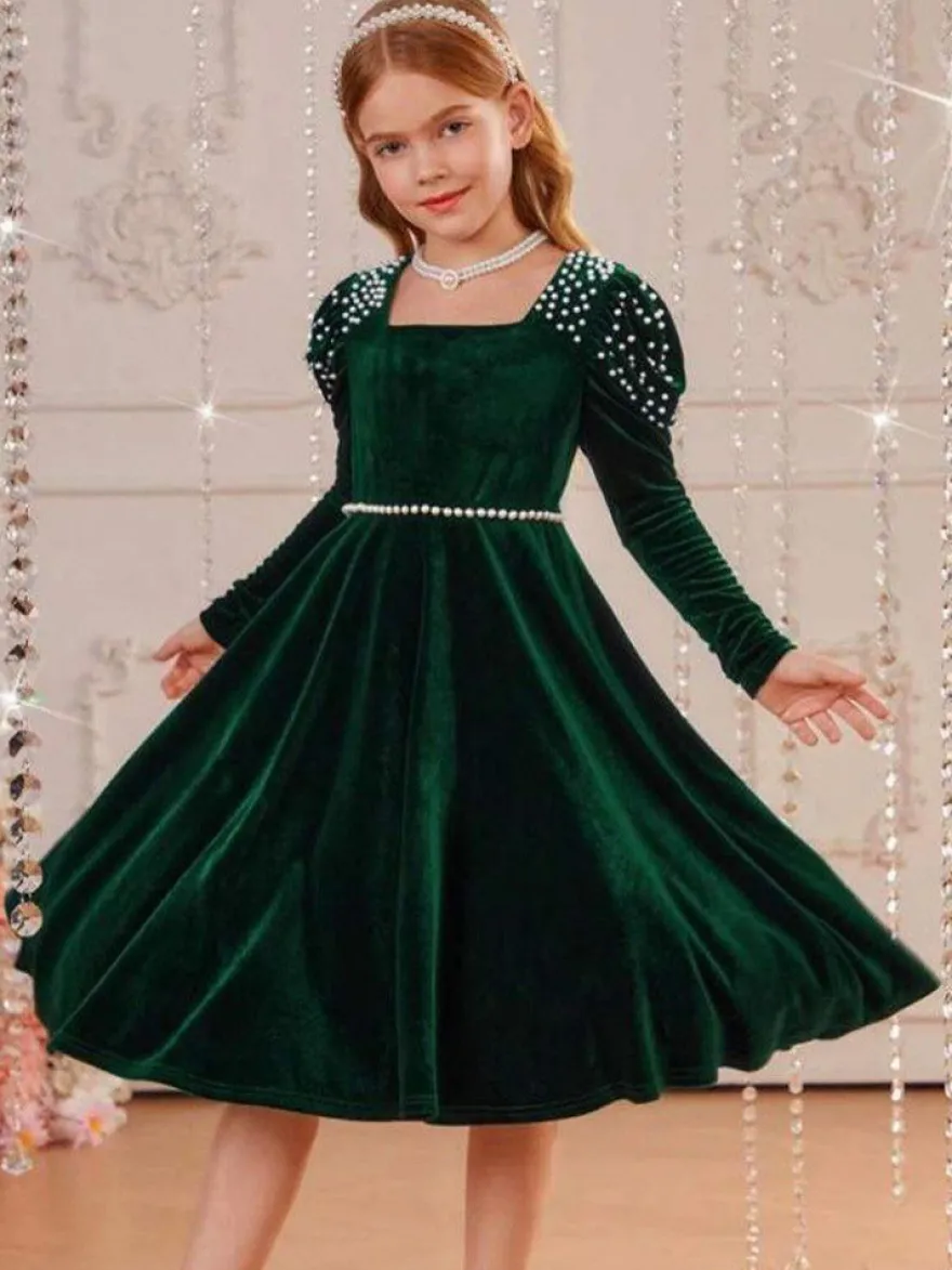 Robes de demoiselle d'honneur de mariage Robes pour occasions spéciales Émeraudes Manches longues Perles