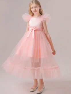 Robes de demoiselle d'honneur blanches robes d'occasion spéciale en polyester rose manches courtes col bijou robes de demoiselle d'honneur