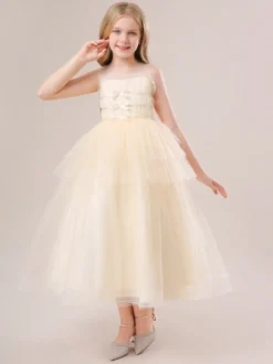 Robes de demoiselle d'honneur blanches robes d'occasion spéciale en Tulle Champagne sans manches col bijou robes de demoiselle d'honneur