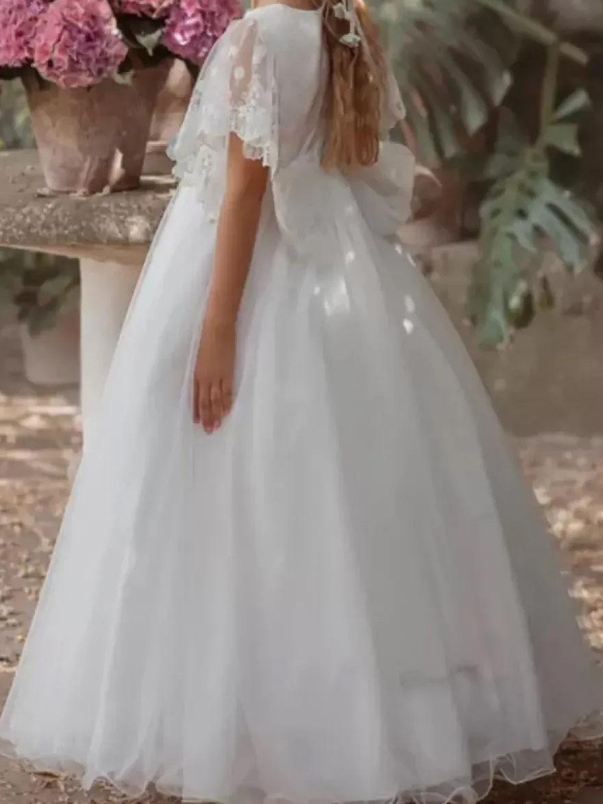 Robes de demoiselle d'honneur blanches en tulle ivoire à manches courtes et col bijou