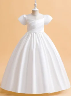 Robes de demoiselle d'honneur blanches robes d'occasion spéciale tissu en Satin rose camée manches courtes col bijou robes de demoiselle d'honneur