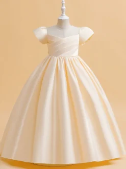 Robes de demoiselle d'honneur blanches robes d'occasion spéciale tissu en Satin rose camée manches courtes col bijou robes de demoiselle d'honneur