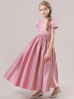 Robes de demoiselle d'honneur blanches robes d'occasion spéciale tissu en Satin rose camée manches courtes col bijou robes de demoiselle d'honneur