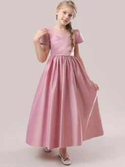 Robes de demoiselle d'honneur blanches robes d'occasion spéciale tissu en Satin rose camée manches courtes col bijou robes de demoiselle d'honneur