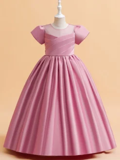 Robes de demoiselle d'honneur blanches robes d'occasion spéciale tissu en Satin rose camée manches courtes col bijou robes de demoiselle d'honneur