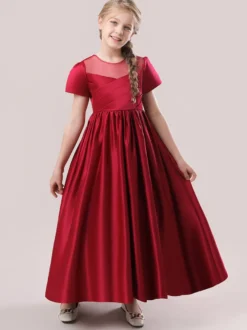 Robes de demoiselle d'honneur blanches robes d'occasion spéciale tissu en Satin rose camée manches courtes col bijou robes de demoiselle d'honneur