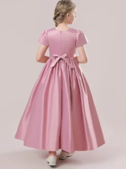 Robes de demoiselle d'honneur blanches robes d'occasion spéciale tissu en Satin rose camée manches courtes col bijou robes de demoiselle d'honneur