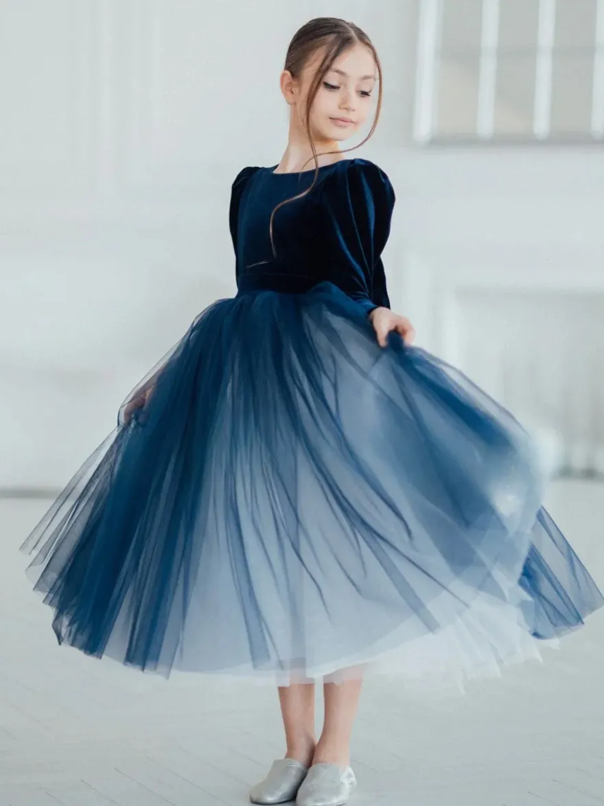 Robes de demoiselle d'honneur de mariage Robes pour occasions spéciales Bleu marine foncé Manches longues Nœuds