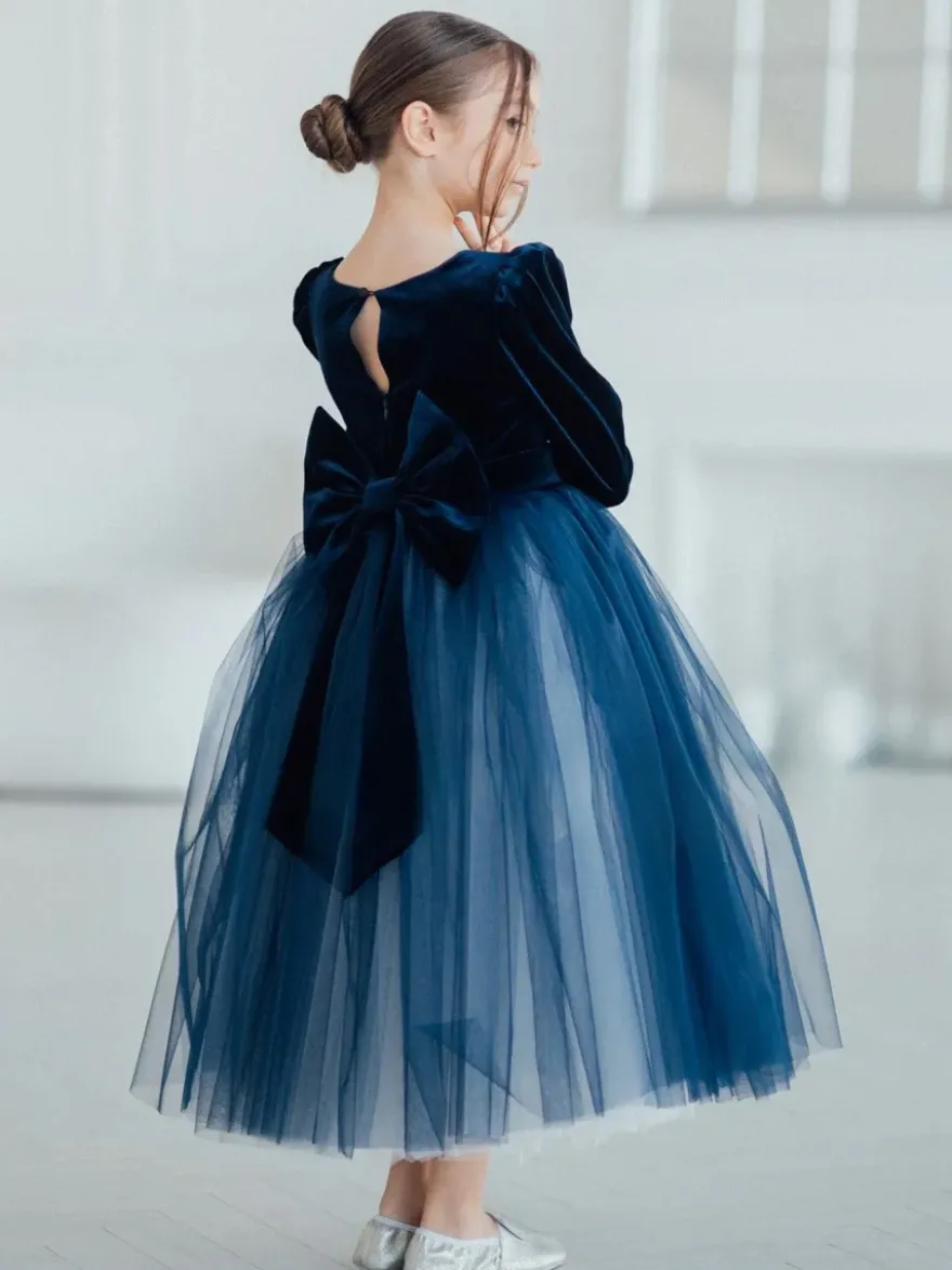 Robes de demoiselle d'honneur de mariage Robes pour occasions spéciales Bleu marine foncé Manches longues Nœuds