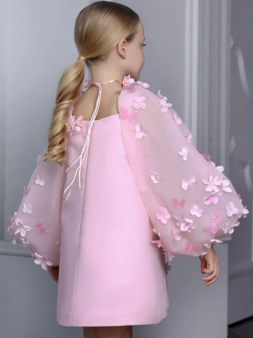 Robes de demoiselle d'honneur de mariage robes d'occasion spéciale roses manches longues appliques