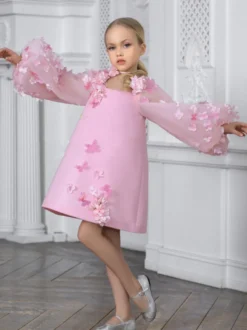 Robes de demoiselle d'honneur de mariage robes d'occasion spéciale roses manches longues appliques